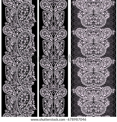 Black and white lace vertical seamless pattern with paisley and ethnic decorative elements. Vector set of 3. Use for embroidery, braid, tape, ribbon .