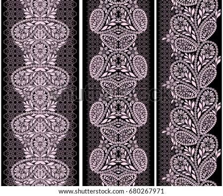 Black and white lace vertical seamless pattern with paisley and ethnic decorative elements. Vector set of 3. Use for embroidery, braid, tape, ribbon .