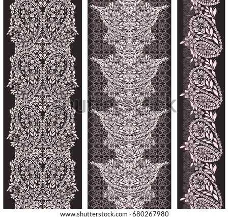 Black and white lace vertical seamless pattern with paisley and ethnic decorative elements. Vector set of 3. Use for embroidery, braid, tape, ribbon .