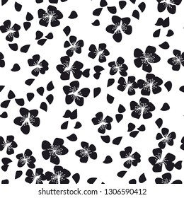 Black and white laconic sakura blossom seamless pattern. Abstract decorative spring floral background. Repeatable motif, tile rapport for fabric, surface design, wrapping paper.