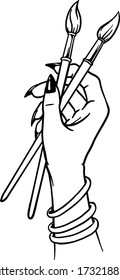 black and white lady hand holding brushes