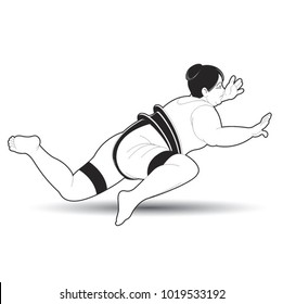black and white lady sumo wrestler falling vector cartoon