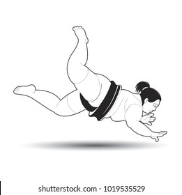 black and white lady sumo wrestler falling vector cartoon