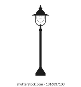 Black and white lamp icon. Tall lamp post for outdoor lighting. Flat design illustration.