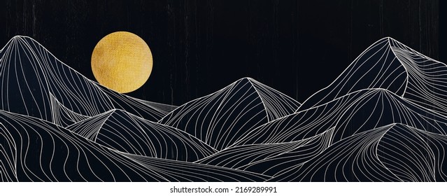 Black and white landscape art background with mountains and hills in line style. Abstract hand drawn banner for wallpaper design, packaging, interior design, textile