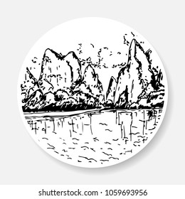 Black and white landscape in the form of a sketch on the sticker. Painted rock with tropical forest and ocean.