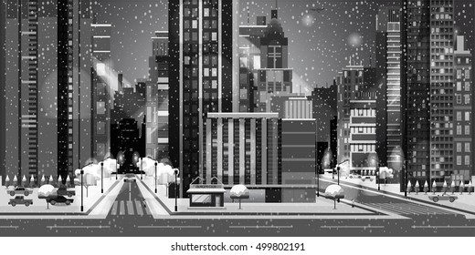 Black and white Landscape for game. Seamless cartoon . vector unending background.