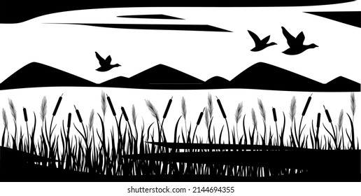 Black and white landscape. Hills, river, cattail. Ducks are flying in the sky. Vector.