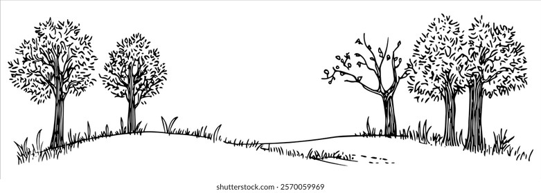 black and white landscape illustration with trees and grassy hills