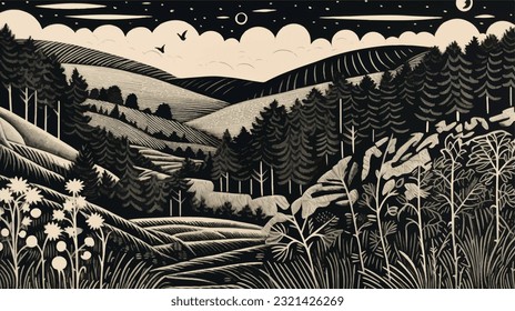  Black and White Landscape Linocut Blockfront
