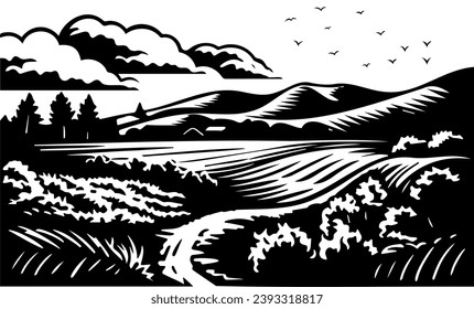 Black and White Landscape Linocut Blockfront. Illustration of nature. Clouds and mountains linocut.