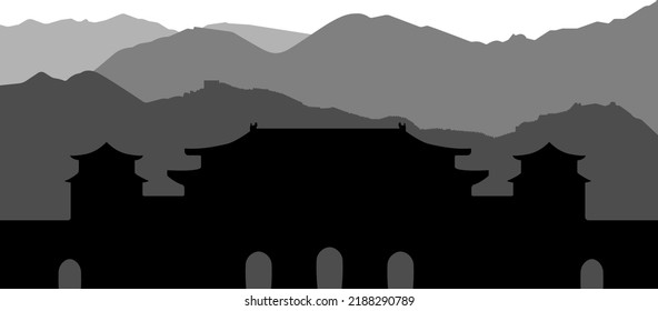 Black and white landscape with mountains and Palace of Beijing, vector file, silhouettes.