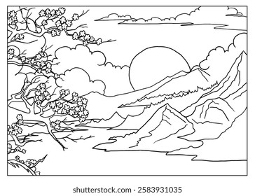 Black And White Landscape of Mountains and River. Depicted in black and white for creative purposes or coloring activities.