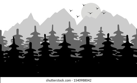 Black and white landscape with mountains and trees. EPS10 vector illustration.
