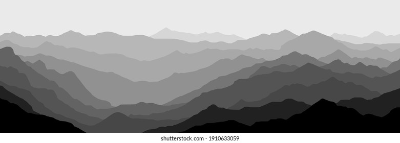 Black and white landscape, panorama of mountains in the morning haze