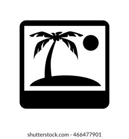 Black and white landscape picture with mountains and sun on it, vector illustration.