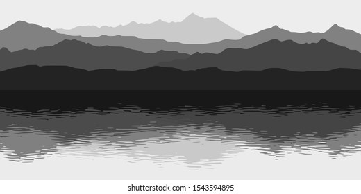 Black and white landscape. Picturesque reflection in the lake, mountains in the fog. Vector illustration.