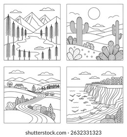 A black and white landscape set illustration line art of a coloring page 