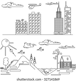 Black and white landscape with a small house near the pond in front of the hill, clouds, birds, fish, trees. Cityscape with buildings, helicopter, clouds.
