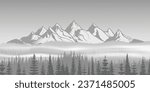 Black and white landscape, spruce forest against the background of snow-capped mountains