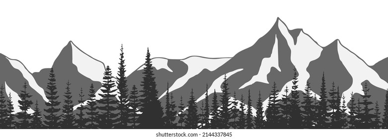 Black and white landscape, spruce forest against the background of snow-capped mountains