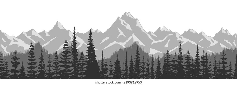 Black and white landscape, spruce forest against the background of snow-capped mountains