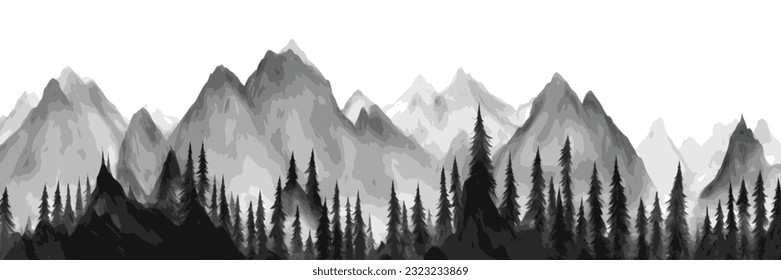 Schwarz-Weiß-Landschaft, Fichtenwald auf Berghintergrund, Panoramablick