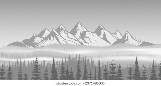 Schwarz-Weiß-Landschaft, Fichtenwald auf dem Hintergrund schneebedeckter Berge