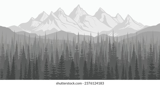 Black and white landscape, spruce forest against the background of snow-capped mountains