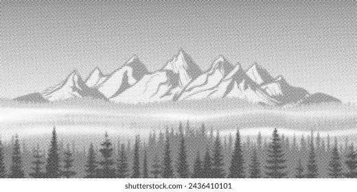Schwarz-weiße Landschaft, Fichtenwald vor dem Hintergrund schneebedeckter Berge