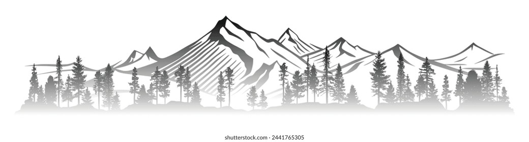 Black and white landscape, spruce forest against the background of snow-capped mountains