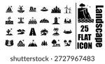 Black and white landscape vector icons set with mountains city nature farm sea and road flat design illustration