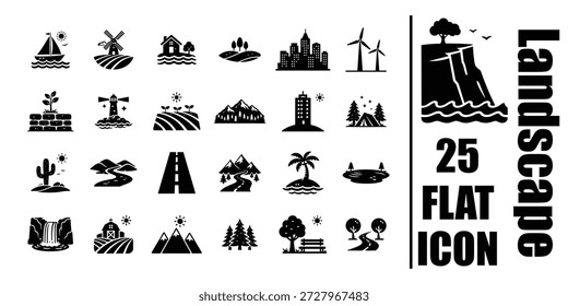 Black and white landscape vector icons set with mountains city nature farm sea and road flat design illustration