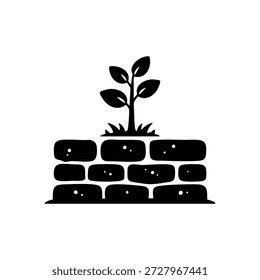 Black and white landscape vector young plant growing on stone wall minimal nature illustration