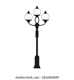 Black and white lantern icon. Silhouette of big street lamp with three bulbs and plafonds. Exterior architectural element isolated on white background.