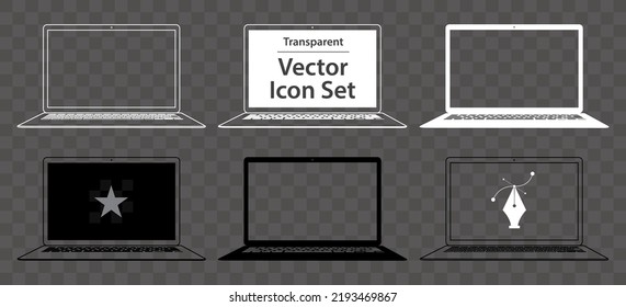 Black and White Laptop Computer Vector Illustration Icon Set. Laptop PC with blank screen and transparent background. 