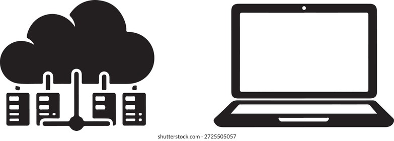 Blanco y negro de la computadora portátil conectada al almacenamiento en la nube y los servidores de la computadora