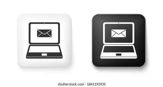 Black and white Laptop with envelope and open email on screen icons isolated on white background. Email marketing, internet advertising concepts. Square button. Vector.