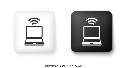 Black and white Laptop and free wi-fi wireless connection icon isolated on white background. Wireless technology, wi-fi connection, wireless network. Square button. Vector.