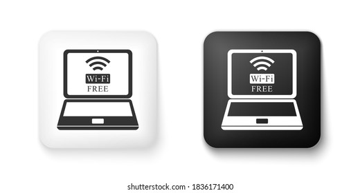 Black And White Laptop And Free Wi-fi Wireless Connection Icon Isolated On White Background. Wireless Technology, Wi-fi Connection, Network, Hotspot Concepts. Square Button. Vector.