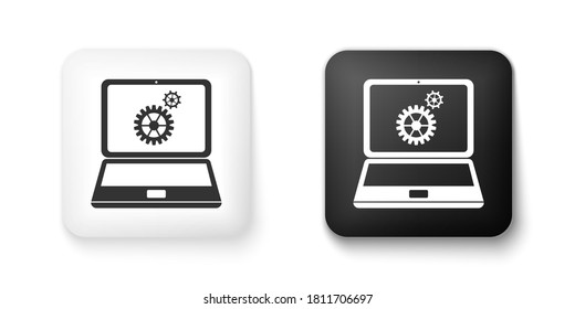 Black and white Laptop and gears icon isolated on white background. Adjusting app, service, setting options, maintenance, repair, fixing laptop concepts. Square button. Vector.