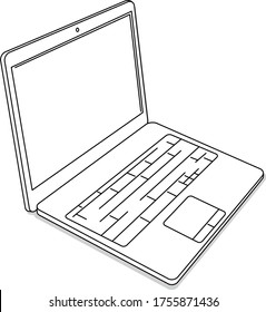 Black and white laptop. Black outline and white filling on transparent background. Isolated object on transparent background.