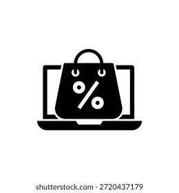 Ícone de tela de laptop preto e branco representando compras on-line com oferta de desconto