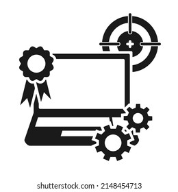 Black And White Laptop Tune Up And Testing Concept. Notebook Quality Tune Up And Bug Search Concept. Vector Illustration For Icon, Poster, Leaflet, Web Site Or Application Decor.