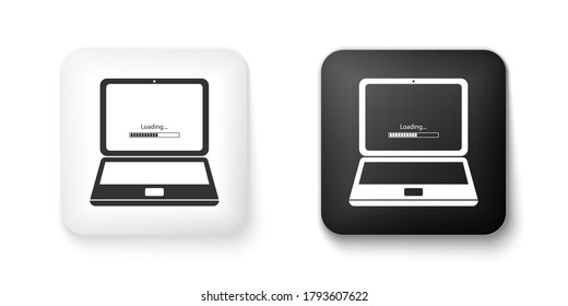 Black and white Laptop update process with loading bar icon isolated on white background. System software update. Loading process in laptop screen. Square button. Vector.