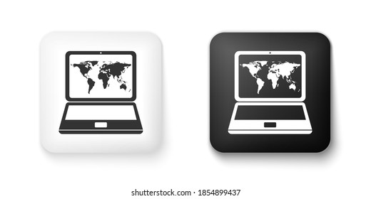 Black and white Laptop with world map on screen icon isolated on white background. World map geography symbol. Square button. Vector.