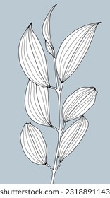 Black and white large branch with leaves on a pale blue background. Tropical background for coloring books, decor, postcards, wallpapers and presentations