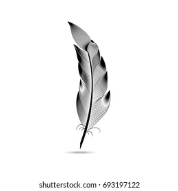 Black and white large fluffy curved feather. Contour graphics. Engraving