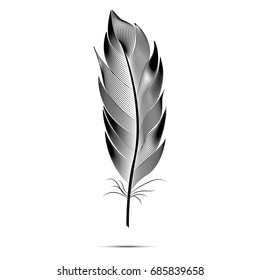 Black and white large fluffy feather. Vector contour graphics. Engraving