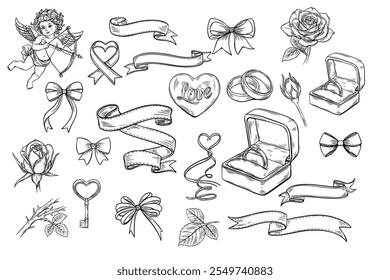 Black and white large line set of sketches, prints for Valentine's Day. Heart, cupid, roses